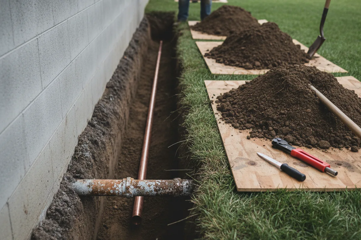 Excavated water line trench during Water Softener Installation in Warwick